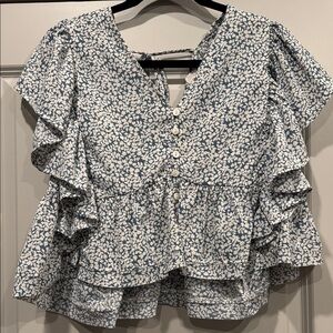 Newbury Kustom Floral Ruffle Blouse - Blue and White